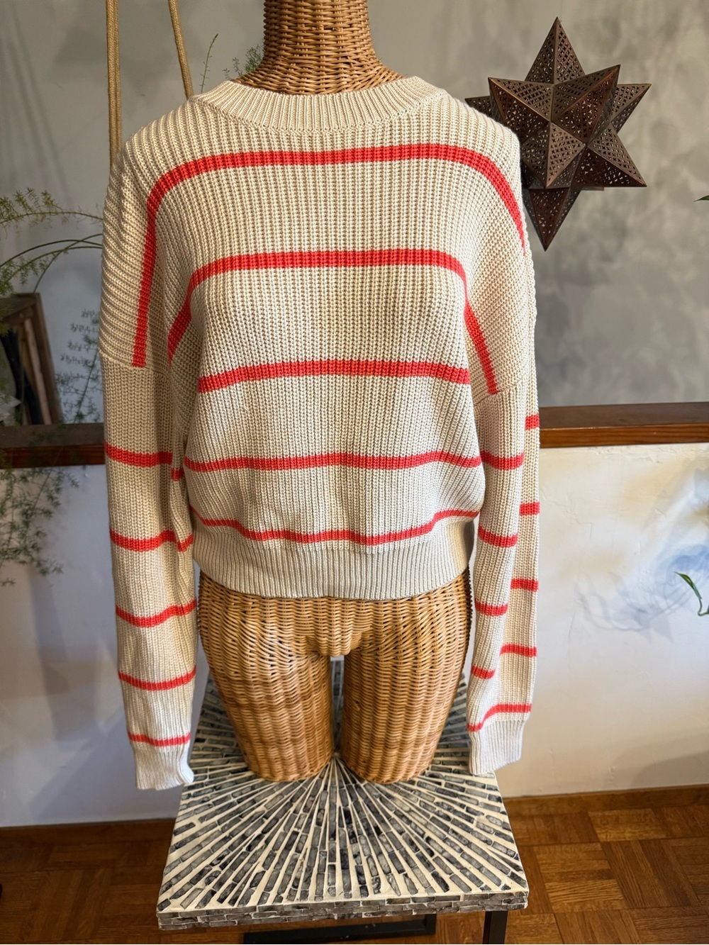 Striped Crewneck Sweater in Cream and Coral